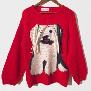 Vintage UNO & UNA Shetland Dog Sweater Size M Ugly Sweater Red Knit Womens